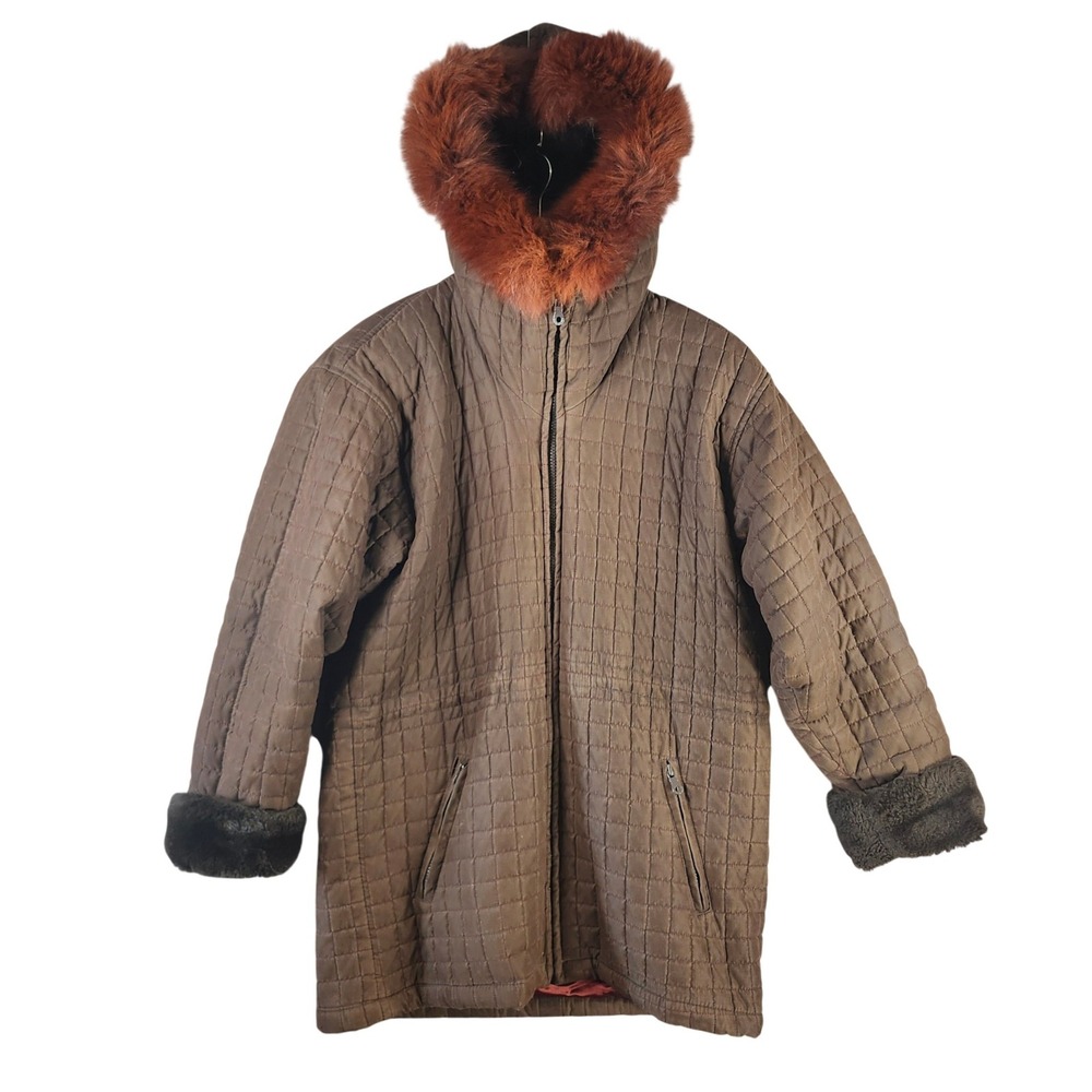 Andrew Marc Quilted Parka Fox Fur Trim Hood Brown Size SP Winter Coat Thermoloft
